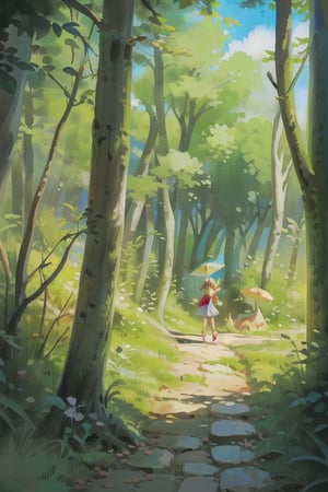 a coloful forrest with a brick bridge. One female is exploring it freely. she is holding a mushroom umbrella. It is day time with rays of sun lighting the greenery. there are many flowers to smell and tall trees are scattered. There are red and white mushrooms all over the bridge.


