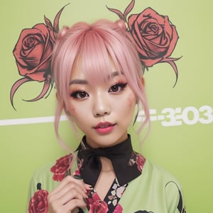 A 23-year-old Asian woman with fair skin. She has pink hair styled in twin buns on both sides. She has large eyes with pink pupils and wears pink eyeshadow. She is dressed in a green yukata with a pattern of red roses on the right side. She strikes a ninja hand seal gesture.