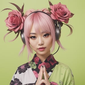 A 23-year-old Asian woman with fair skin. She has pink hair styled in twin buns on both sides. She has large eyes with pink pupils and wears pink eyeshadow. She wears black earmuff-style headphones around her neck. She is dressed in a green yukata with a pattern of red roses on the right side. She strikes a ninja hand seal gesture.