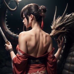 Japanese hot girl with kimono handheld katana surrounded by a traditional dragon and smoky dragon breath. 
girl has dragon tattoo on her back. side face.