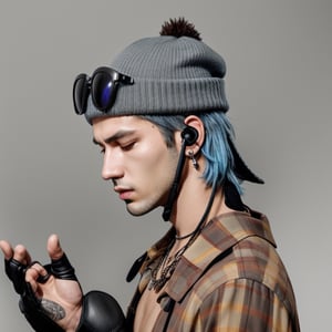 Imagine a 3D male character in his late twenties with a sturdy build and youthful features. He has striking sky blue hair, which is long and slicked back, adorned with a grey beanie. The beanie sits snugly on his head, and on top of it, he wears black frame sunglasses that add a touch of mystery to his appearance. His hands are protected by MMA gloves, indicating his involvement in combat sports. He wears a loose collared shirt in a warm shade of brown, which complements his hair. In a state of deep meditation, his eyes are closed, exuding a sense of tranquility. Around his neck, he wears a bead necklace, symbolizing spirituality. Underneath his collared shirt, he has a brown plaid shirt in a deeper shade, peeking through casually. There are no hairballs on top of his beanie, and he is not wearing earphones. Additionally, he does not wear a full pair of glasses, but only one beanie on his head. As a unique accessory, he sports a wild boar buck tooth earring, adding a touch of eccentricity to his overall look.