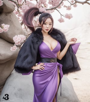 Background is a cherry blossom forest. A 31-year-old Asian woman with long golden hair tied in a high ponytail. She has a well-endowed chest and fair complexion. She is dressed in a form-fitting, low-cut purple gown. Draped over her shoulders is a black fur stole that extends past her waist. Her eyes are large and her expression exudes allure.