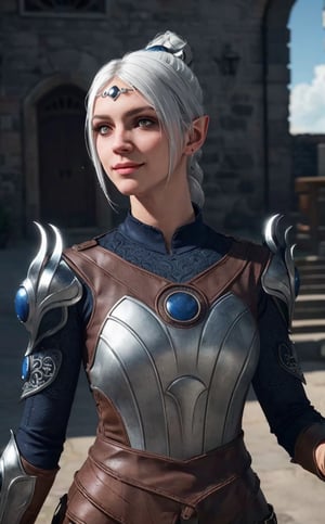 shadowheart:1.3, white hair, braided ponytail, circlet, elf, pointy ears, full body:1.3, armor, medieval town, cobblestone street, outside, smile, perfect face, perfect eyes, perfect hands, 1girl, solo, detailed, realistic, photorealistic, masterpiece, intricate details, best quality, volumetric lighting, detailed face, 8k, dramatic lighting, atmospheric lighting