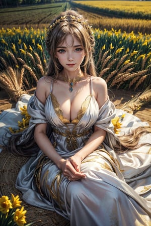 masterpiece,{{{best quality}}},(illustration)),{{{extremely detailed CG unity 8k wallpaper}}},game_cg,(({{1girl}})),{solo}, (beautiful detailed eyes),((shine eyes)),goddess,fluffy hair,messy_hair,ribbons, ({{misty}}),Brilliant light,cinematic lighting,long_focus,a middle-age woman, harvest goddess, pretty, big breast, full of warmth and mercy, wear silk dress with daffodils decoration, wearing golden wheat crown, holding a bunch of wheat, paddy fields, (cranes fly), warm smile