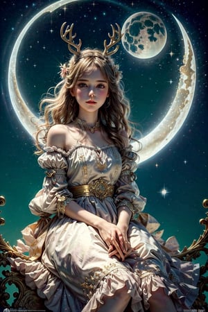 masterpiece,{{{best quality}}},(illustration)),{{{extremely detailed CG unity 8k wallpaper}}},game_cg,(({{1girl}})),{solo}, (beautiful detailed eyes),((shine eyes)),goddess,fluffy hair,messy_hair,ribbons, ({{misty}}),Brilliant light,cinematic lighting,long_focus,Mythic place on sky with lovely decoration, a girl, moon goddess, wear gorgeous silk dress with detail decoration, sitting on the moon, a lovely deer sleep aside, silver archer and gold bows on the ground,sitting moon