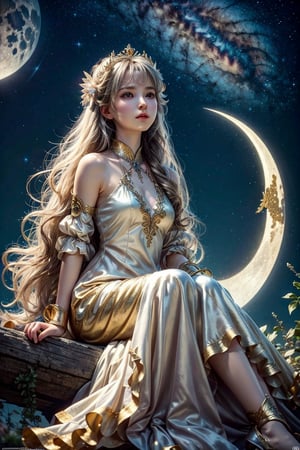 masterpiece,{{{best quality}}},(illustration)),{{{extremely detailed CG unity 8k wallpaper}}},game_cg,(({{1girl}})),{solo}, (beautiful detailed eyes),((shine eyes)),goddess,fluffy hair,messy_hair,ribbons, ({{misty}}),Brilliant light,cinematic lighting,long_focus,Mythic place on sky with lovely decoration, a girl, moon goddess, wear gorgeous silk dress with detail decoration, sitting on the moon, silver archer and gold bows on the ground,sitting moon, hunting pose