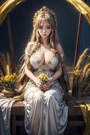 masterpiece,{{{best quality}}},(illustration)),{{{extremely detailed CG unity 8k wallpaper}}},game_cg,(({{1girl}})),{solo}, (beautiful detailed eyes),((shine eyes)),goddess,fluffy hair,messy_hair,ribbons, ({{misty}}),Brilliant light,cinematic lighting,long_focus,a middle-age woman, beautiful goddess, pretty, big breast, full of warmth and mercy, wear silk dress with daffodils decoration, wearing golden wheat crown, holding a bunch of wheat, paddy fields, cranes fly in the sky