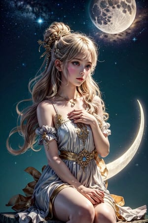 masterpiece,{{{best quality}}},(illustration)),{{{extremely detailed CG unity 8k wallpaper}}},game_cg,(({{1girl}})),{solo}, (beautiful detailed eyes),((shine eyes)),goddess,fluffy hair,messy_hair,ribbons, ({{misty}}),Brilliant light,cinematic lighting,long_focus,Mythic place on sky with lovely decoration, a girl, moon goddess, wear gorgeous silk dress with detail decoration, sitting on the moon, hands on silver archer and gold bows,sitting moon, hunting pose