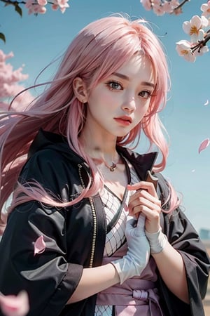 1girl, upper body, ninja, fishnet top, (bandaging arms ,short kunai:1.1), long hair, full pastel pink hair, sakura petals in the air, fingerless  gloves, hurt, damage, medium shot, dynamic pose, nar_kurenai_yuhi, black  pattern coat