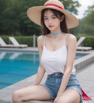 Masterpiece, realistic,front view,best quality, ultra detailed, extremely detailed, sharp focus, 1girl, bare shoulders, blue eyes, blue ribbon,pencil leg, blurry, blurry background, brown hair, choker, denim, depth of field, hat, hat ribbon, long hair, huge breast,looking at viewer, outdoors, ribbon, ribbon choker, sandals, shorts, sitting, smile, solo, sun hat, water,outdoor , pool, 