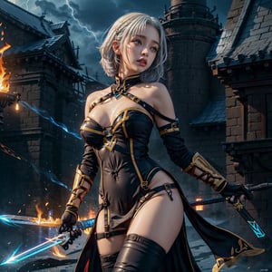 (masterpiece, top quality, best quality, official art, beautiful and aesthetic:1.2), (1girl) holiding broken heavy sword ,fully body,extreme detailed, (abstract, fractal art:1.3), blue +short hair, huge expose boob,isometric, highest detailed, (fire, water, ice, lightning background ,girl Game of Thrones,magic dress,gonggongshi,flame on everywhere,(PnMakeEnh),transparent,sideboob,bondage outfit, cross pasties,heart pasties, crotch strap,harness,o-ring,no panties,DELTA,beta