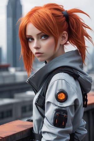 1girl,AgoonGirl ,urban techwear,empire building rooftop, Detailedface,perfect body,orange hair,outfit,Detailedeyes, red hair,AgoonGirl,science fiction