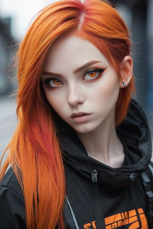 1girl,AgoonGirl ,urban techwear,Detailedface,perfect body,orange hair,outfit,Detailedeyes, red hair,AgoonGirl