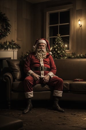 Masterpiece,ultra detail, a big fat sad santa Chris sit on empty bar drinking hot wine, dark atmosphere , low key, deer tried and lay down on ground,