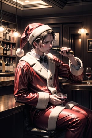 Masterpiece,ultra detail, a sad santa Chris sit in empty bar, drinking wine, dark atmosphere , low key, 