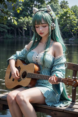 (masterpiece, best quality, highres:1.3), ultra resolution image, (1girl), (solo), sitting on chair made by cloud,in middle of big lake,kawaii, green flowing hair, long hair,huge breast, lute,cute face, musical, surrounded by music notes, (music filling the air:1.5), fantasy, harmony, melody, soft, night time, (serene background:1.3),(magical, musical aura:1.3), smile softly, leaf, bird on head, nature, sitting,assattackKEIJOpov,by hioshiru,renaissance