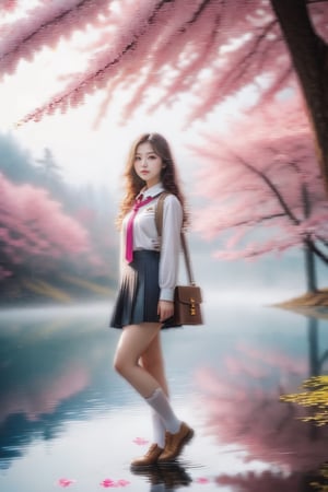 best quality, (masterpiece::1.4),8K, ((HDR::1.4),high contrast,extremely detailed,hyper realistic, sunny day,Kodak portra 400, (bokeh::1.2),lens flare,vibrant color,muted colors ,1 beautiful euro girl wear bag standing under a huge  Sakura tree in middle of lake ,back to viewer, sexy body, 22yo,cute face,long leg,long+pink+flying hair,tall ,pencil leg,bare feet,high school uniforms ,flying long hair,dim colors,reflection, (soothing tones::1.3),cinematic lighting,ambient lighting,sidelighting,,cinematic shot,cold tone, , (Post-apocalypse theme::1.1), (extremely foggy::1.3),wide shot,fog,,reflections,water splash,ultra while the viewer ,evil magic, 