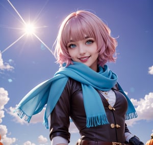 (masterpiece, top quality, best quality, official art, beautiful and aesthetic:1.2),(1girl:1.4) multicolored_eyes, pink hair,holding a pumpkin, ((masterpiece)), absurdres, happy, smile, ;D, yumemi riamu, blue hair, pink hair,cosplay of adventure girl costume, hot pink and blue hair, short hair, blue eyes, (wear light blue, brown, and ocrer:1.5), leather boots, leather gloves, bracelet, strapless, white blouse, light blue scarf, style genshin impact, , Instagrammable, cute features, cute pose, adorable girl, kawaii,riamu, (turquoise jewelry with gold details, gold details) ,ahoge,,AGGA_ST004 , (hair in the wind,, long scarf,:1.4),, ,solo, smiling, looking at viewer, (background a cemitery tematic for haloween:1.3),
