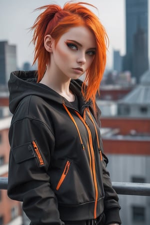 1girl,AgoonGirl ,urban techwear,empire building rooftop, Detailedface,perfect body,orange hair,outfit,Detailedeyes, red hair,AgoonGirl