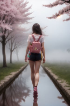 best quality, (masterpiece::1.4),8K, ((HDR::1.4),high contrast,extremely detailed,hyper realistic, sunny day,Kodak portra 400, (bokeh::1.2),lens flare,vibrant color,muted colors ,1 beautiful euro girl wear bag standing under a huge  Sakura tree in middle of lake ,back to viewer, sexy body, 22yo,cute face,long leg,long+pink+flying hair,tall ,pencil leg,sport shoes ,high school uniforms ,flying long hair,dim colors,reflection, (soothing tones::1.3),cinematic lighting,ambient lighting,sidelighting,,cinematic shot,cold tone, , (Post-apocalypse theme::1.1), (extremely foggy::1.3),wide shot,fog,,reflections,water splash,ultra while the viewer ,evil magic, 