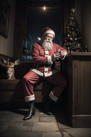 Masterpiece,ultra detail, a big fat sad santa Chris sit on empty bar drinking hot wine, dark atmosphere , low key, a deer  lay down on ground,