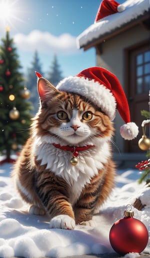 8K, Ultra-HD,realistic,photolism, Natural Lighting, sunny day, Cinematic Lighting,detailed,CG,unity,extremely detailed CG,
solo,cute cat,A fluffy cat rolling on sonw,,Wearing red Christmas hat,snow,outdoor,