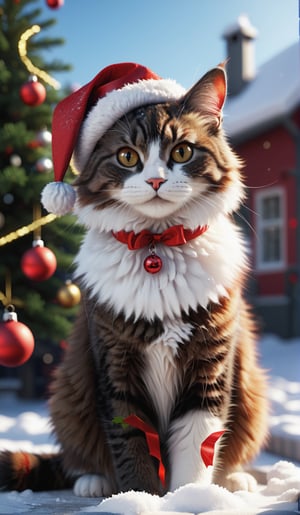 8K, Ultra-HD,realistic,photolism, Natural Lighting, sunny day, Cinematic Lighting,detailed,CG,unity,extremely detailed CG,
solo,cute cat,A fluffy cat,,Wearing red Christmas hat,snow,outdoor,