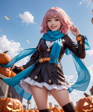 (masterpiece, top quality, best quality, official art, beautiful and aesthetic:1.2),(1girl:1.4) multicolored_eyes, pink hair,holding a pumpkin, ((masterpiece)), absurdres, happy, smile, ;D, yumemi riamu, blue hair, pink hair,cosplay of adventure girl costume, hot pink and blue hair, short hair, blue eyes, (wear light blue, brown, and ocrer:1.5), leather boots, leather gloves, bracelet, strapless, white blouse, light blue scarf, style genshin impact, , Instagrammable, cute features, cute pose, adorable girl, kawaii,riamu, (turquoise jewelry with gold details, gold details) ,ahoge,,AGGA_ST004 , (hair in the wind,, long scarf,:1.4),, ,solo, smiling, looking at viewer, (background a cemitery tematic for haloween:1.3),