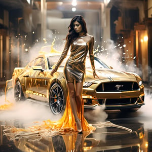 (+18) , NSFW,1 girl topless,long sweater,pencil leg,high heels,
 Ford mustang made of glass and gold smoke ,
,c_car,action shot,liquid dress,DonMM4g1cXL ,shards