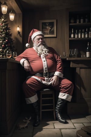 Masterpiece,ultra detail, a big fat sad santa Chris sit on empty bar drinking hot wine, dark atmosphere , low key, deer tried and lay down on ground,