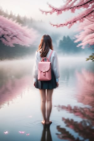 best quality, (masterpiece::1.4),8K, ((HDR::1.4),high contrast,extremely detailed,hyper realistic, sunny day,Kodak portra 400, (bokeh::1.2),lens flare,vibrant color,muted colors ,1 beautiful girl wear bag standing under a huge  Sakura tree in middle of lake ,back to viewer, sexy body, 22yo,cute face,long leg,long+pink+flying hair,tall ,pencil leg,bare feet,high school uniforms ,flying long hair,dim colors,reflection, (soothing tones::1.3),cinematic lighting,ambient lighting,sidelighting,,cinematic shot,cold tone, , (Post-apocalypse theme::1.1), (extremely foggy::1.3),wide shot,fog,,reflections,water splash,ultra while the viewer ,evil magic, 