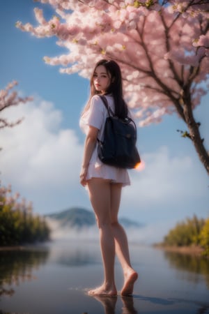 best quality, (masterpiece::1.4),8K, ((HDR::1.4),high contrast,extremely detailed,hyper realistic, sunny day,Kodak portra 400, (bokeh::1.2),lens flare,vibrant color,muted colors ,1 cute girl wear bag standing under a huge  Sakura tree in middle of lake ,back to viewer, sexy body, cute face,long leg,long+pink+flying hair,tall ,pencil leg,bare feet,high school uniforms ,flying long hair,dim colors,reflection, (soothing tones::1.3),cinematic lighting,ambient lighting,sidelighting,,cinematic shot,cold tone, , (Post-apocalypse theme::1.1), (extremely foggy::1.3),wide shot,fog,,reflections,water splash,ultra while the viewer ,evil magic, 
