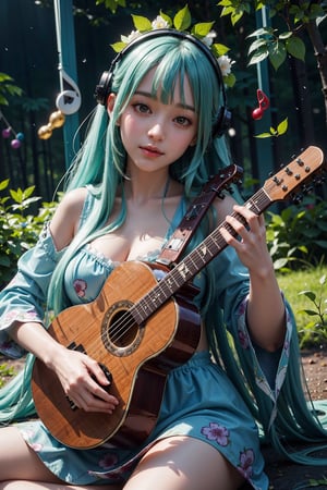 (masterpiece, best quality, highres:1.3), ultra resolution image, (1girl), (solo), kawaii, skull face,green flowing hair, long hair,huge breast, lute,cute face, musical, surrounded by music notes, (music filling the air:1.5), fantasy, harmony, melody, soft, night time, (serene background:1.3), vivid color, sitting, (magical, musical aura:1.3), smile softly, forest, leaf, bird on head, nature, sitting,assattackKEIJOpov