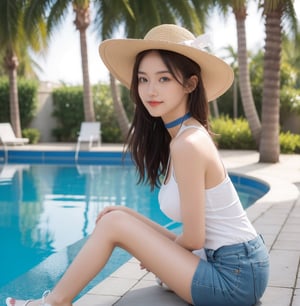 Masterpiece, realistic,front view,best quality, ultra detailed, extremely detailed, sharp focus, 1girl, bare shoulders, blue eyes, blue ribbon,pencil leg, blurry, blurry background, brown hair, choker, denim, depth of field, hat, hat ribbon, long hair, huge breast,looking at viewer, outdoors, ribbon, ribbon choker, sandals, shorts, sitting, smile, solo, sun hat, water,outdoor , pool, 