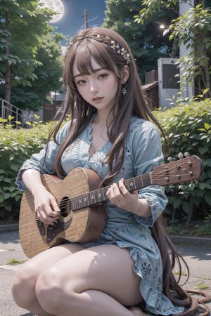 (masterpiece, best quality, highres:1.3), ultra resolution image, remote_play controler, far view,(1girl), (solo), sitting ,play guitar ,remote controlerkawaii, green flowing hair, long hair,huge breast, lute,cute face, musical, surrounded by music notes, (music filling the air:1.5), fantasy, harmony, melody, soft, night time, (serene background:1.3),(magical, musical aura:1.3),  moon light on face,ghosts around on sky,at night,renaissance,pee in ground,remote_play,remote_vibrating