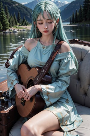 (masterpiece, best quality, highres:1.3), ultra resolution image, far view,(1girl), (solo), sitting on chair made by cloud,in middle of big lake,kawaii, green flowing hair, long hair,huge breast, lute,cute face, musical, surrounded by music notes, (music filling the air:1.5), fantasy, harmony, melody, soft, night time, (serene background:1.3),(magical, musical aura:1.3),  moon light on face,ghosts around on sky,at night,renaissance,pee