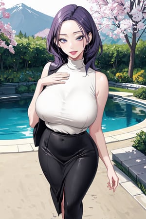 (masterpiece), best quality, high resolution, extremely detailed, detailed background, better_hands, (hands:1.1), 1 girl, solo, MiJungdef, purple eyes, purple hair, medium hair,
1girl, solo, huge breasts, looking at viewer, smile, white turtleneck shirt, black skirt, standing, long skirt, sleeveless, closed mouth, at bedroom, scenary, japanese house, smile, makeup, beautiful eyes, full body, curvy, slim waist, thicc thighs, big breasts, mature_female