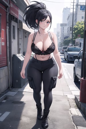 Character: black hair,long hair, black eyes , high ponytail, hair pulled back, curvy, slim waist, thicc thighs, big breasts, muscular women, makeup, shadow eyes, long eyelashes.

Clothes: black lace bra, black cargo pants, boots set 

Effect: ((Masterpiece:1.1)), best quality, solo, better_hands, (hands:1.1), realistic, bright eyes.

Background: at city, scenary.

Pose: standing, full body.