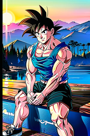 masterpiece, best quality, better_hands, hands, incredibly absurdres, highres, high detail eyes, high detail background, 1boy,(masterpiece,detailed face,detailed eyes,best quality),smile,black eyes,looking_at_viewer,black-hair,dougi,gi,spiked hair,perfecteyes, white tank top, black shorts, sneakers set,retro_artstyle,retro,solo, sweat, at gym, lifting weights, full body, muscular men, big muscle 