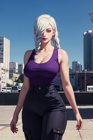 Character: mei mei, long hair, very long hair, braid, (hair over one eye:1.5), braided ponytail, one eye covered, braided bangs, (purple eyes:1.1), curvy, slim waist, thicc thighs, muscular women, evil smile, makeup, purple lipstick.

Clothes: black tank top, cleavage, black cargo pants.

Effect: ((Masterpiece:1.1)), best quality, solo, better_hands, (hands:1.1), realistic, bright eyes.

Background: at city, scenary.

Pose: standing, walking.