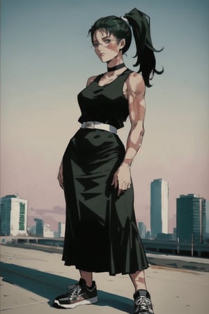 (masterpiece, best quality:1.2), better_hands, (hands:1.1), MakiZenin, scar, scar on face, burn scar, muscular female, black tank top, very long skirt, black leather, beautiful detailed eyes, curvy, at city, scenary, grumpy face, glasses, green hair, brown eyes, choker, long hair, ponytail, full body, sneakers 