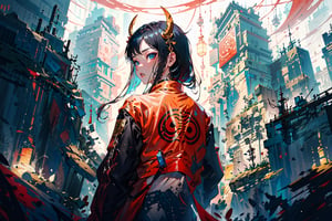 (masterpiece), (absurdres), (best quality), (intricate details:1.2)
(masterpiece), (absurdres), (best quality), (intricate details:1.2)
(masterpiece), best quality, expressive eyes, perfect face, taoist, solo girl wearing long cyberpunk oni fit clothes with red and yellow colours,view from back, wearing a blue leather jacket with a oni mask with 2 long teeth, backshot, above torso, complex background, detailed image,,oniNFT,,no_humans,scenery