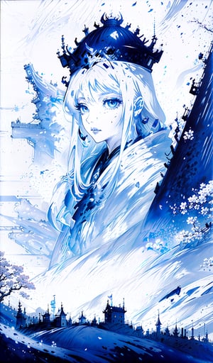 (masterpiece), best quality, expressive eyes, perfect face, high res 1.2, absuredres 1.2, high quality, amano yoshitaka, manga art, blavk and whitez sakura trees in background, ink castle on hills, above torso, ling white hair, monochrome blue eyes