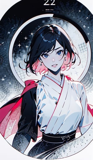 
(best quality,masterpiece:1.2),1 girl 16 years old,(circle mirror background:1.2),black eyes,disheveled hair,floating hair,short hair,black hair,small breasts,floating red dress,(layered dress:1.2 ),(japanese:1.2),see-through transparent cape,goddess,shrine gate,(portrait),, manga, manga aet, colourful eyes, parted lips, pink lips, 