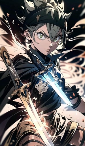 (8k, RAW photo, best quality, masterpiece:1.2), (realistic, photo-realistic:1.37), masterpiece, best quality (dynamic lighting:1.2), (depth of field), (sharp focus,) (hyper-detailed), (cinematic lighting,) (delicate elegant facial features)
Asta from black clover, wearing brown pants,, black bull robe, black bulls headband, grey hairz levitating hair, serious eyes, black shirt, Right hand demon form, red veins, holding a black dark magic great sword in his right hand, in center, full body picture, right hand on sword 