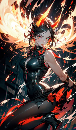 (masterpiece), best quality, expressive eyes, perfect face, niji color,
Colourful flames, demonic girl, vibrant colours,colourful flames, long horn on her forehead, wearing a black dress, detached long gloves strapped dress, heels, full body, in center, red lips, posing, naval exposed,