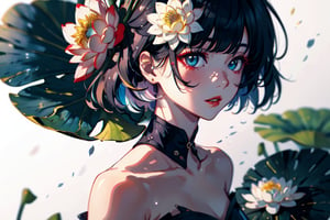 1 teen girl,solo,long shot,looking left, white background,(energy flowing:1.),(glowing lotus flower),bob cut, long hair, multicolored hair, makeup , parted lips, red lips, eyeliner, ,walkure /(takt op./),perfecteyes