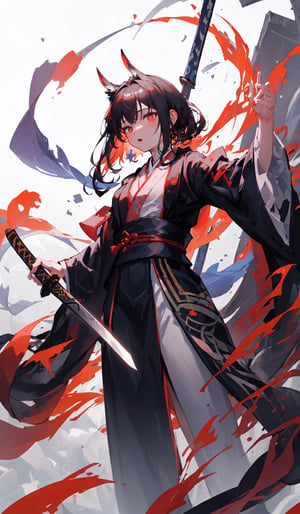 muelsyse (arknights),1girl, solo,hanfu,chinese clothes,splatter background, holding sword, best quality, amazing quality, very aesthetic, absurdres