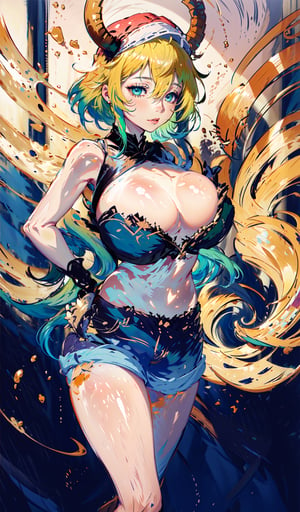 (masterpiece), best quality, expressive eyes, perfect face, high res 1.2, absuredres 1.2, high quality, best quality,
Solo lucoa, blonde hair, blue hair, dragon girl, gradient hair, green hair, hair between eyes, horns, horns through headwear, (huge breasts:1.2), covered navel, short shorts, denim shorts, denim, shorts,glitter