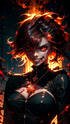 A solo goth dark princess ,wearing black royal dress, red eyes, detailed red hair, levitating hair, tied hair, on killing spree, blood on her face, blood on her clothes smiling menacingly , pointy teeth wearing necklace, red eyes 